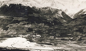 Matrei nach einer Überflutung durch den Bretterwandbach - im rechten Bereich der unverbaute Pfarranger mit dem Lichtackerer-Hof (um 1900)